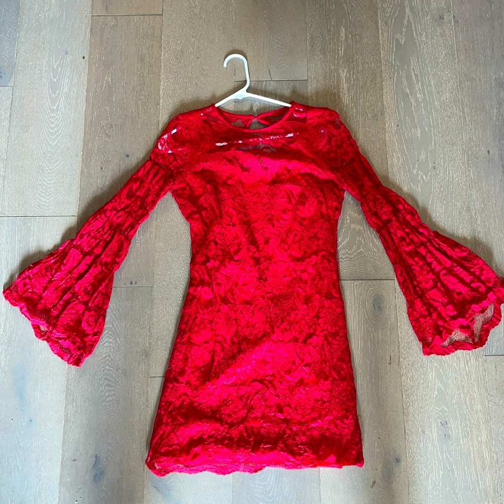 NY & Co Red Lace Cocktail Dress with Bell Sleeves